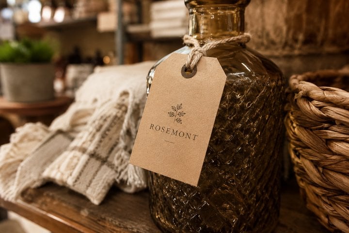 Kraft hang tag on a boutique retail display item with twine tie