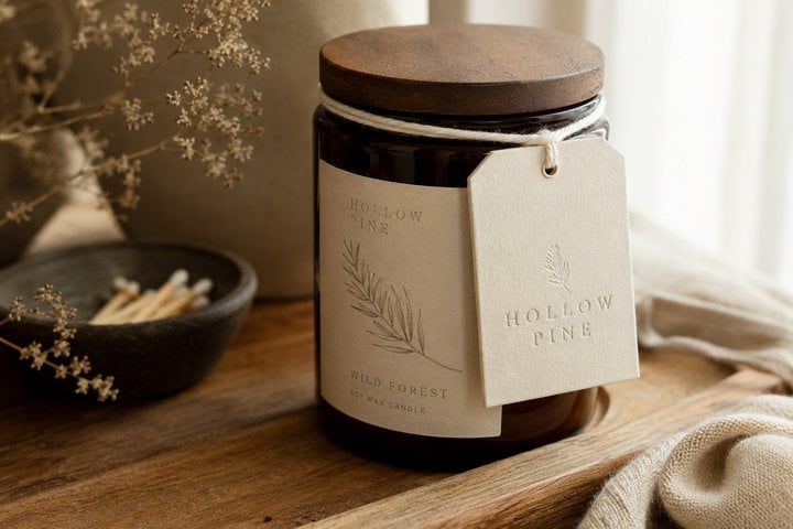 Embossed hang tag on a candle jar for a home goods brand