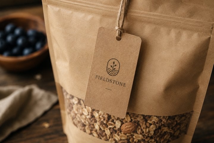 Kraft hang tag attached to a food and beverage packaging pouch