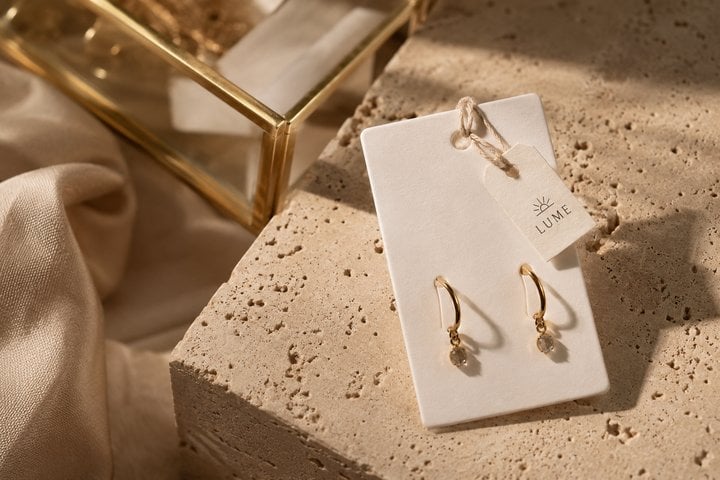Mini jewelry hang tag attached to an earring card for an accessories brand