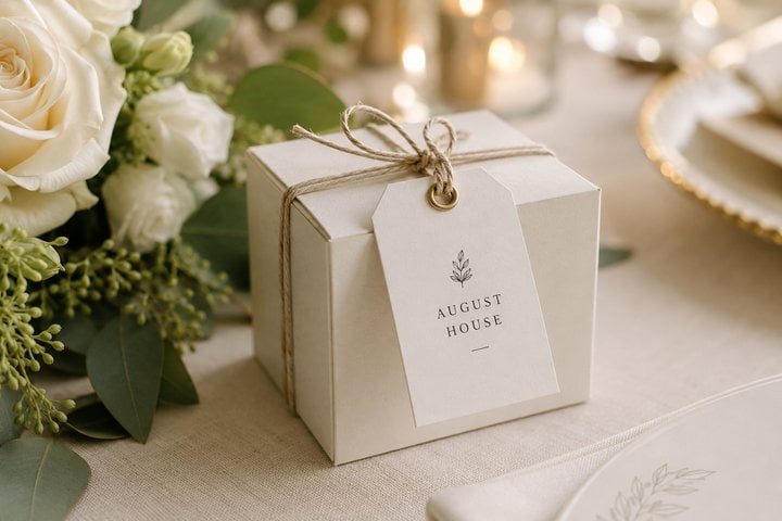 String and grommet hang tag on a wedding favor gift box